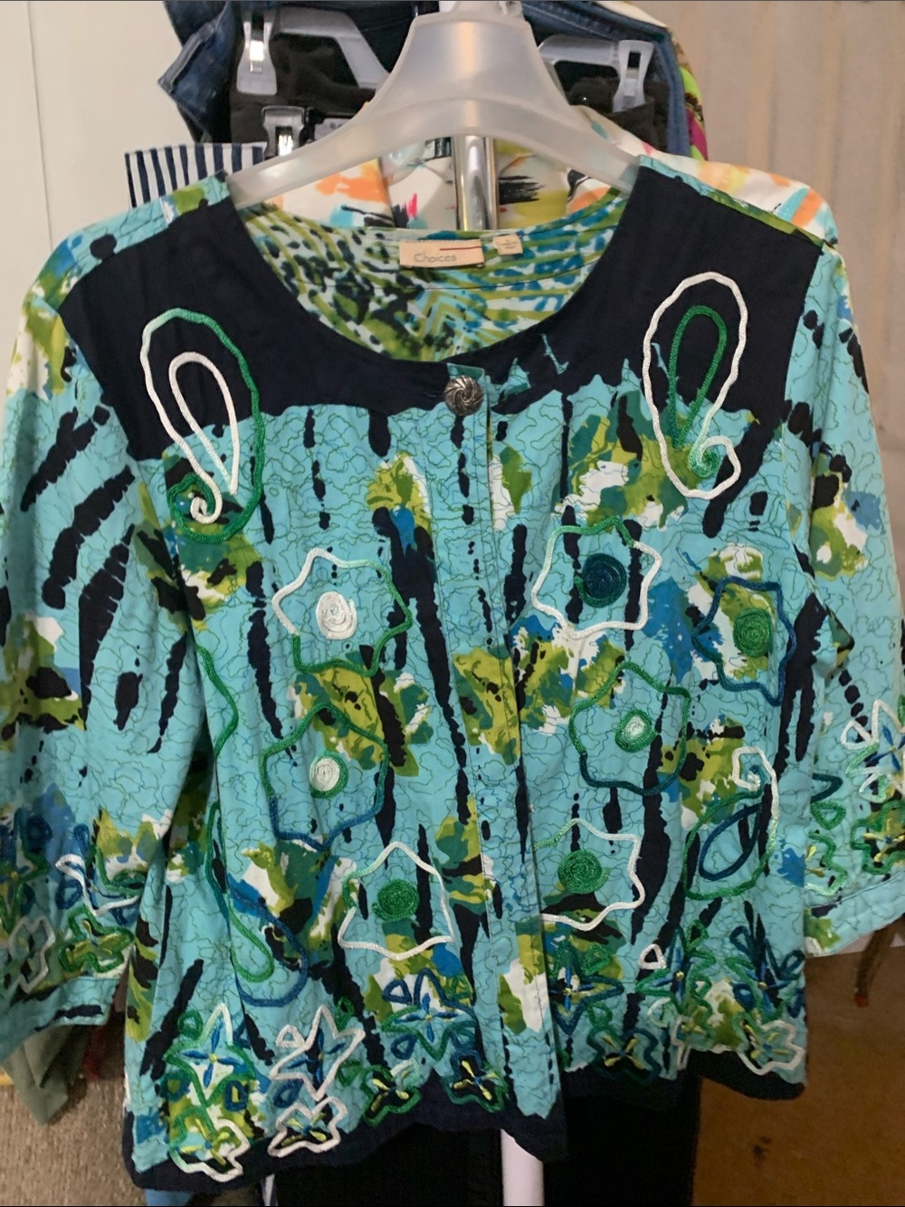 Choices Aqua and Black Embroidered Button-Front Jacket Sz L